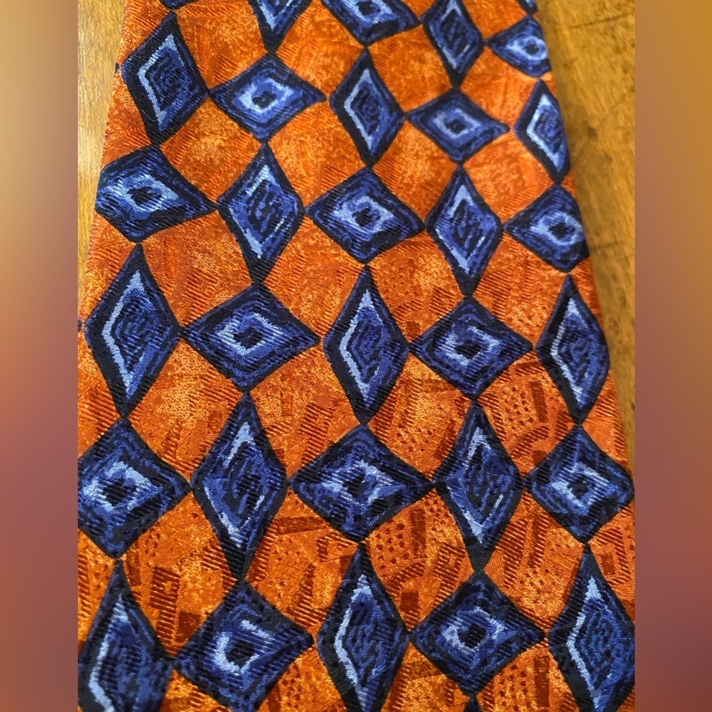 Conte di Milano Mens Geometric Silk Tie Necktie Rust Blue 58”